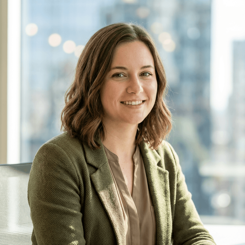 Sarah Mitchell, grief counseling client, in a bright living room