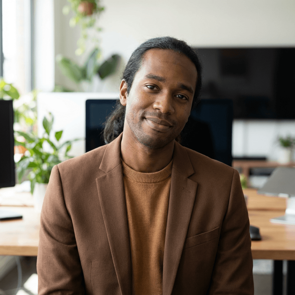 David Okonkwo, counseling client, outside a coffee shop