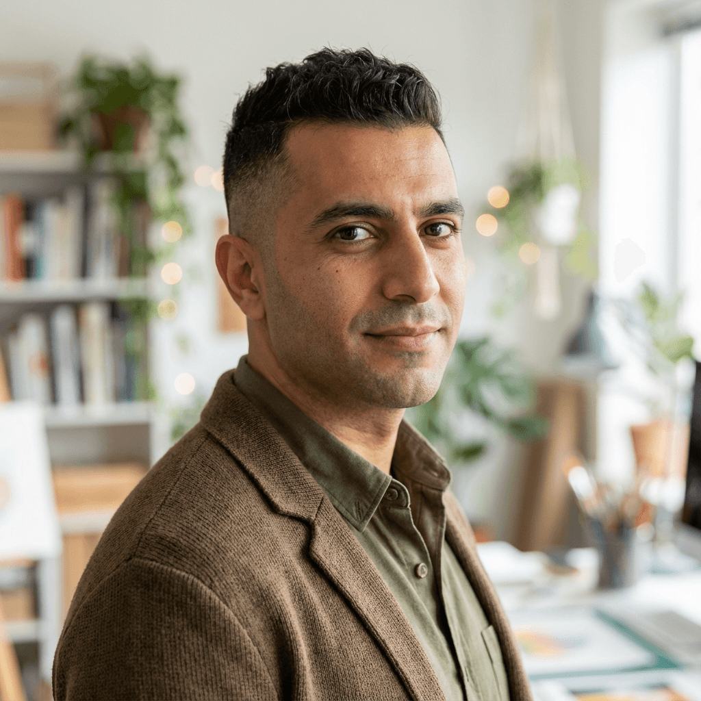 Daniel K., a calm and reflective man in his early 30s