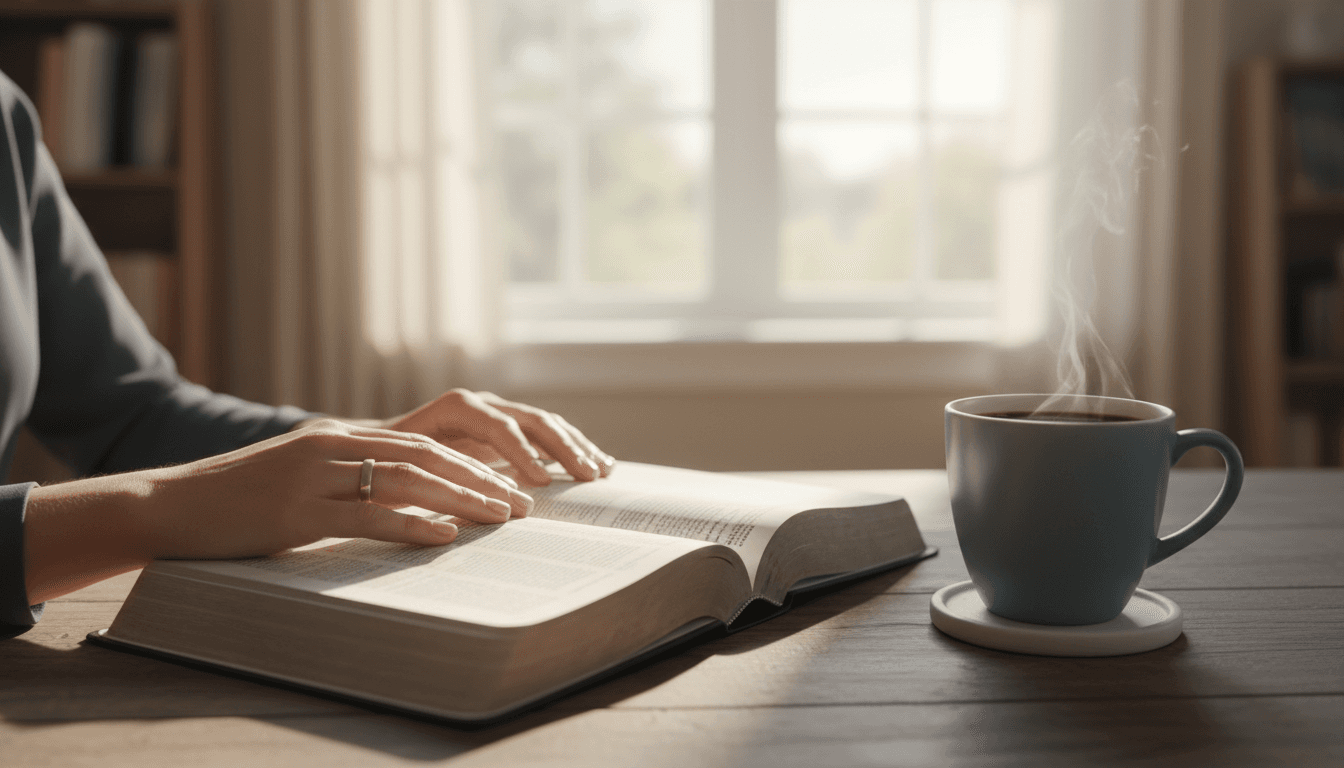Counselor's hands with Bible and coffee on wooden table