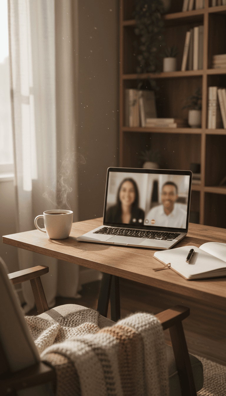 A laptop and coffee cup set up for a virtual counseling session on a cozy wooden table