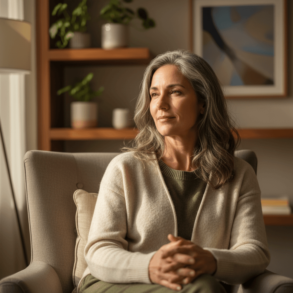 Woman in her 40s, White, warm and attentive expression appropriate for a counselor