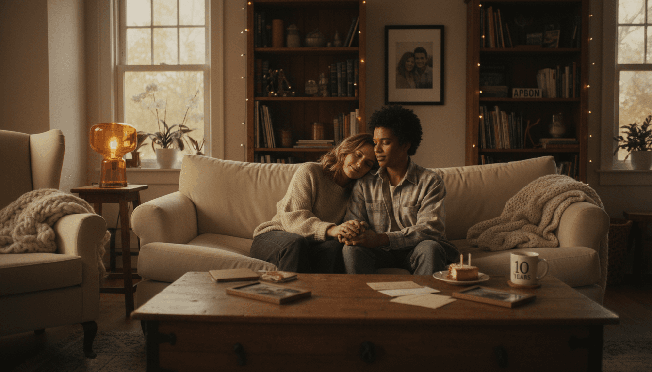 Married couple holding hands in warm afternoon light during counseling
