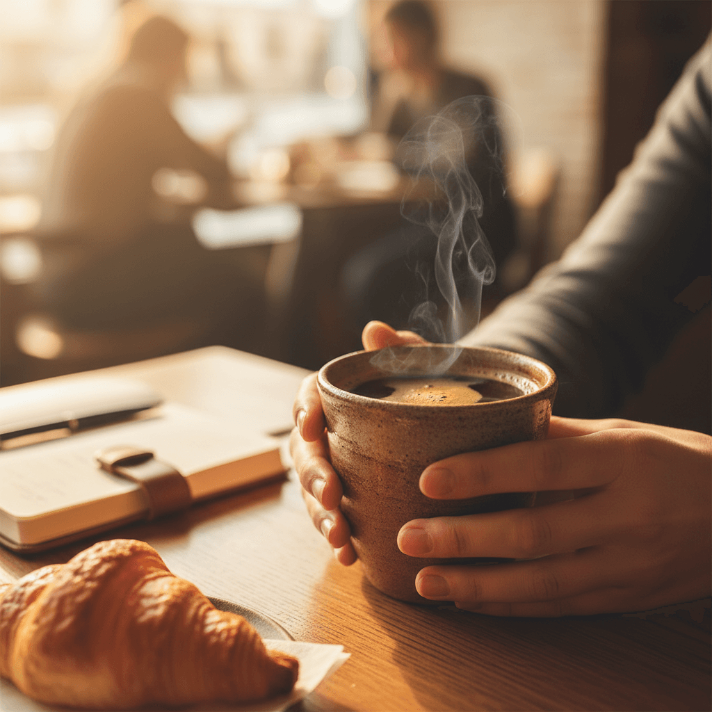 Smartphone on a cafรฉ table showing a video call with a coffee cup nearby