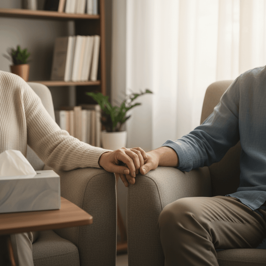Counselor and client in warm, calm conversation