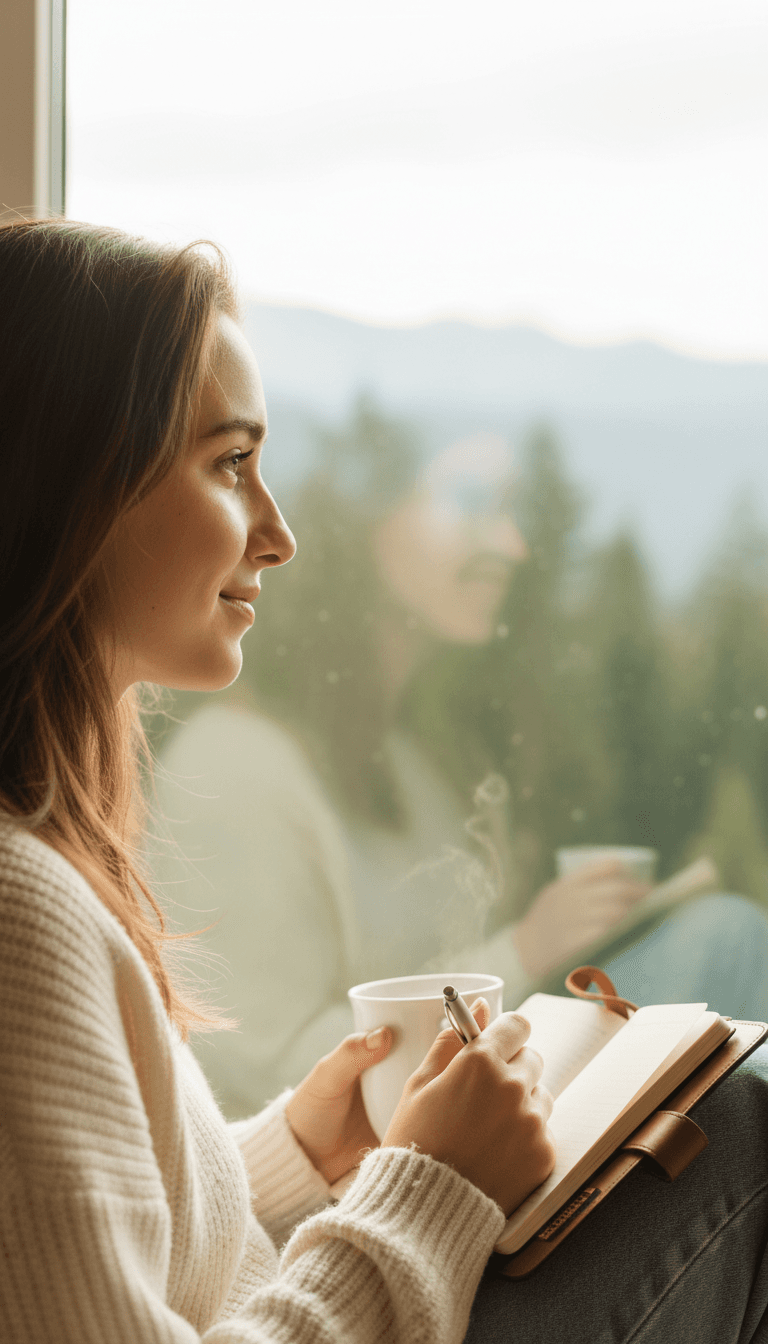 Woman reflecting in quiet, sunlit room
